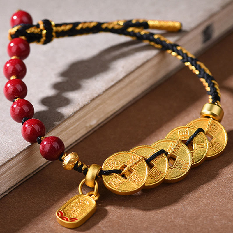 Buddha Stones Five-Emperor Coins Copper Amethyst Cinnabar Black Red String Balance Attract Fortune Bracelet