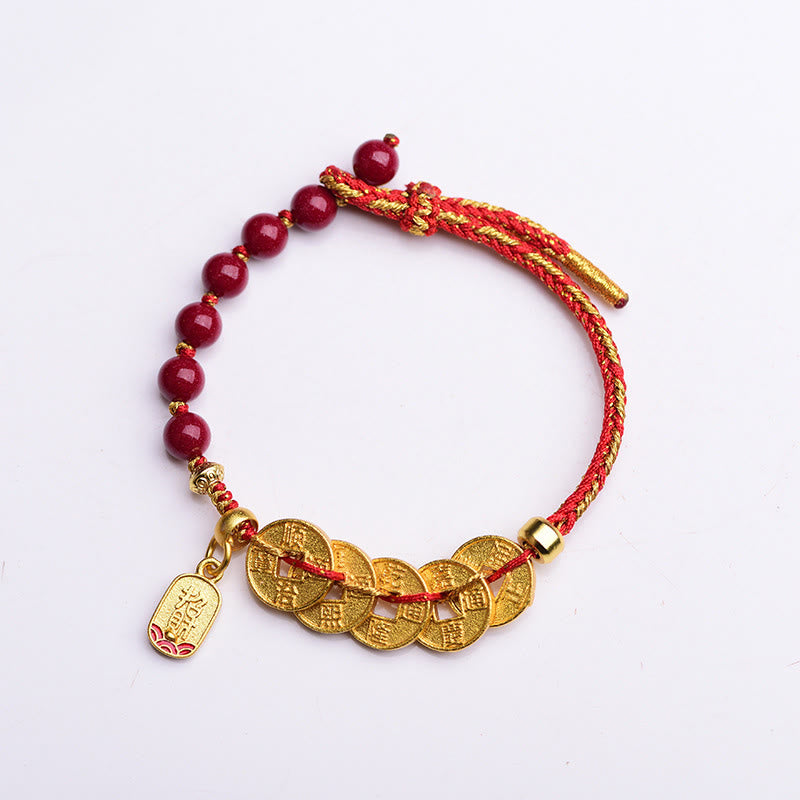 Buddha Stones Five-Emperor Coins Copper Amethyst Cinnabar Black Red String Balance Attract Fortune Bracelet