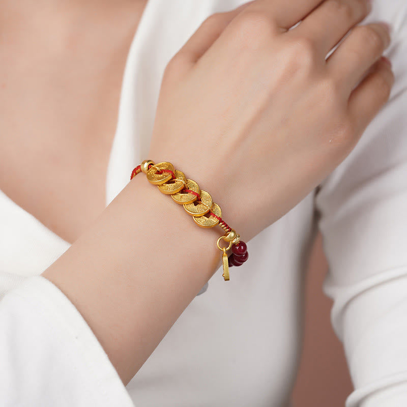 Buddha Stones Five-Emperor Coins Copper Amethyst Cinnabar Black Red String Balance Attract Fortune Bracelet