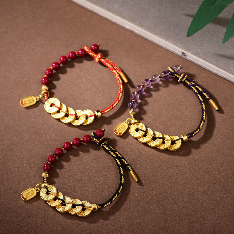 Buddha Stones Five-Emperor Coins Copper Amethyst Cinnabar Black Red String Balance Attract Fortune Bracelet