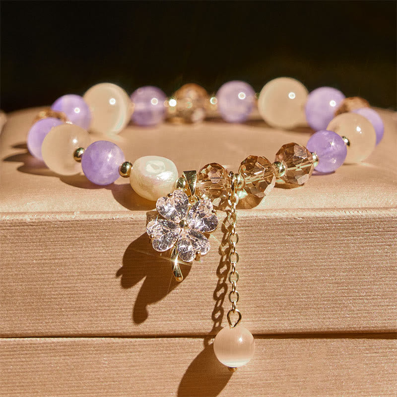 Buddha Stones Four Leaf Clover Amethyst Citrine Green Strawberry Quartz Rutilated Quartz Balance Bracelet