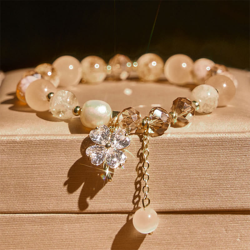 Buddha Stones Four Leaf Clover Amethyst Citrine Green Strawberry Quartz Rutilated Quartz Balance Bracelet
