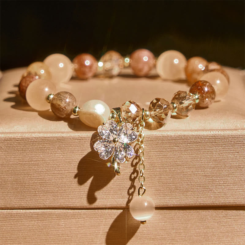 Buddha Stones Four Leaf Clover Amethyst Citrine Green Strawberry Quartz Rutilated Quartz Balance Bracelet