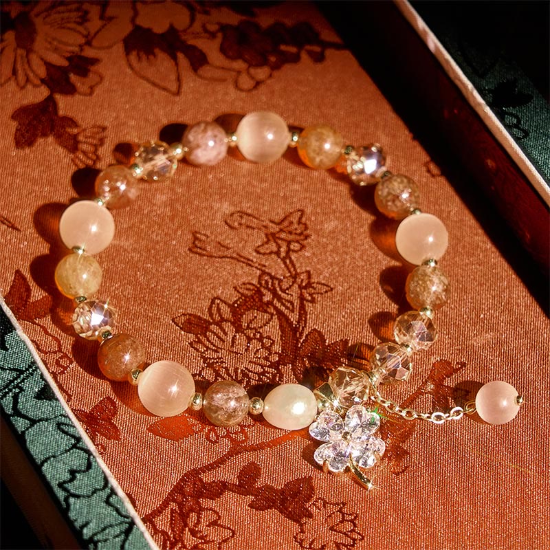 Buddha Stones Four Leaf Clover Amethyst Citrine Green Strawberry Quartz Rutilated Quartz Balance Bracelet