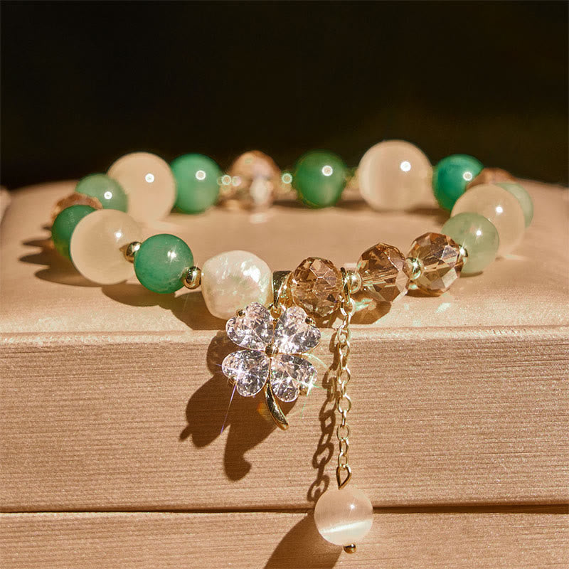 Buddha Stones Four Leaf Clover Amethyst Citrine Green Strawberry Quartz Rutilated Quartz Balance Bracelet