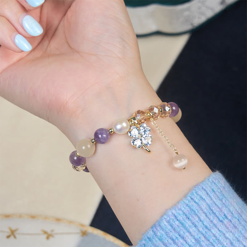 Buddha Stones Four Leaf Clover Amethyst Citrine Green Strawberry Quartz Rutilated Quartz Balance Bracelet