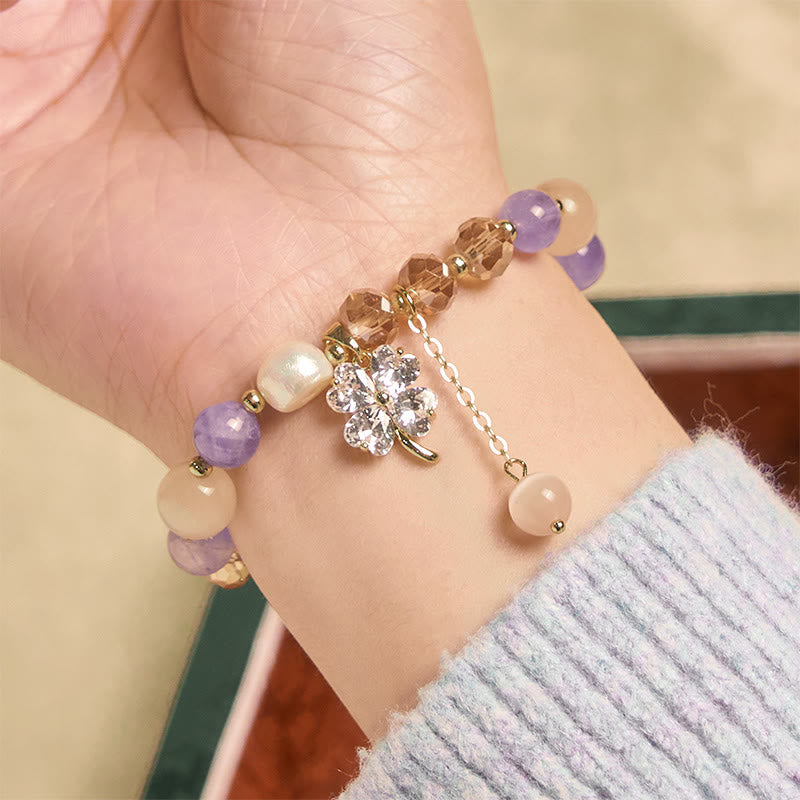 Buddha Stones Four Leaf Clover Amethyst Citrine Green Strawberry Quartz Rutilated Quartz Balance Bracelet