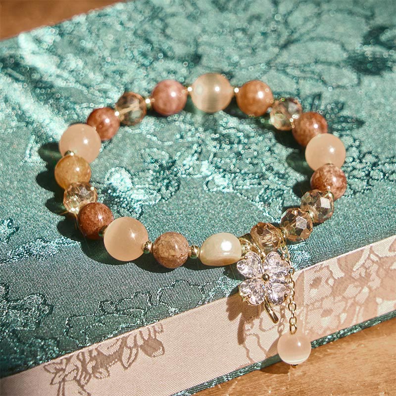 Buddha Stones Four Leaf Clover Amethyst Citrine Green Strawberry Quartz Rutilated Quartz Balance Bracelet
