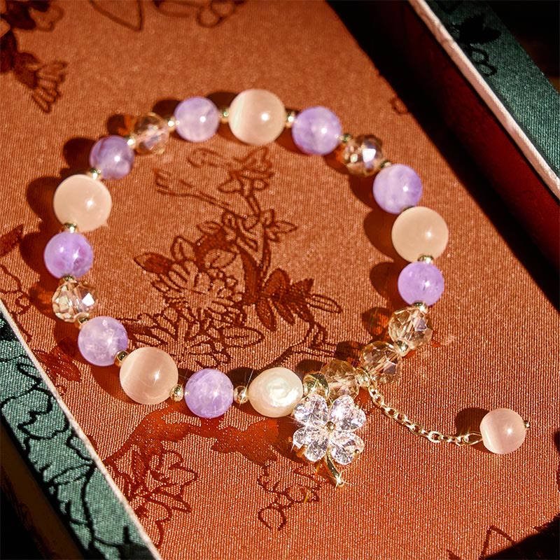 Buddha Stones Four Leaf Clover Amethyst Citrine Green Strawberry Quartz Rutilated Quartz Balance Bracelet