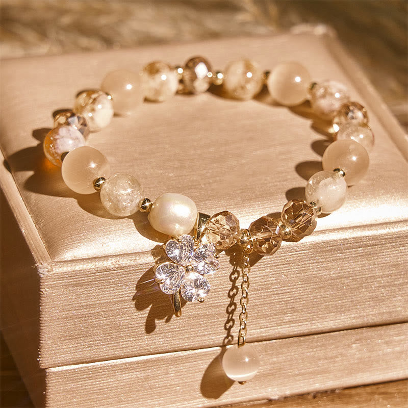 Buddha Stones Four Leaf Clover Amethyst Citrine Green Strawberry Quartz Rutilated Quartz Balance Bracelet