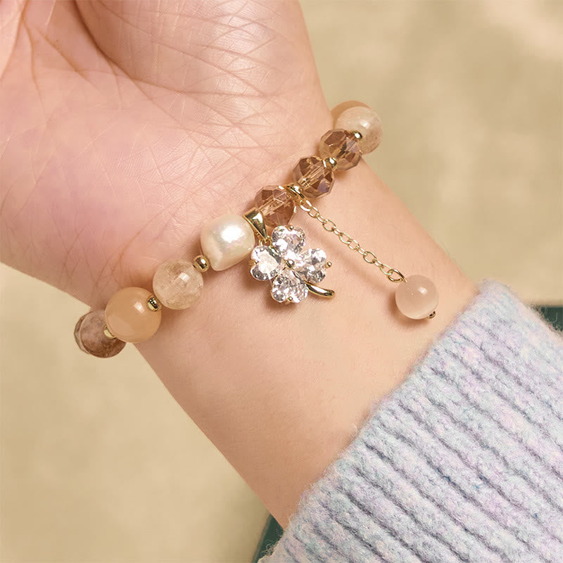Buddha Stones Four Leaf Clover Amethyst Citrine Green Strawberry Quartz Rutilated Quartz Balance Bracelet