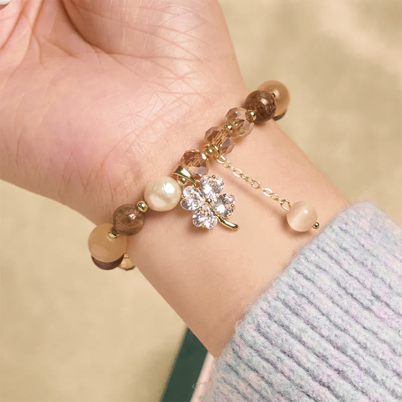 Buddha Stones Four Leaf Clover Amethyst Citrine Green Strawberry Quartz Rutilated Quartz Balance Bracelet
