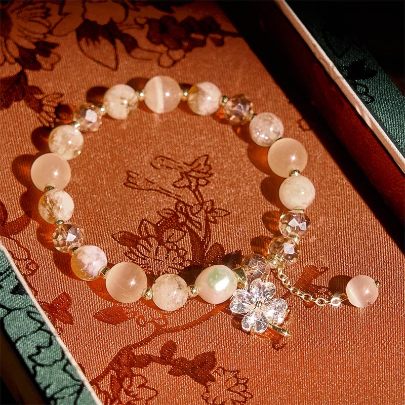 Buddha Stones Four Leaf Clover Amethyst Citrine Green Strawberry Quartz Rutilated Quartz Balance Bracelet
