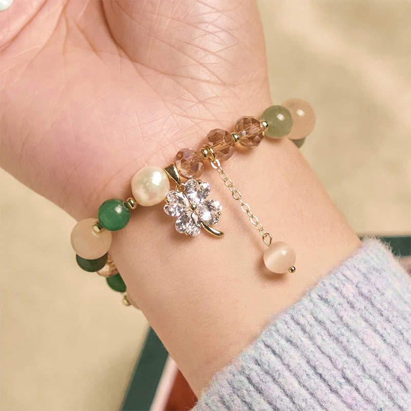 Buddha Stones Four Leaf Clover Amethyst Citrine Green Strawberry Quartz Rutilated Quartz Balance Bracelet