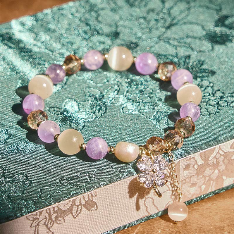 Buddha Stones Four Leaf Clover Amethyst Citrine Green Strawberry Quartz Rutilated Quartz Balance Bracelet