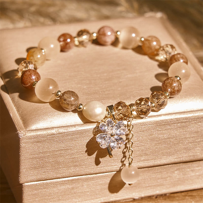 Buddha Stones Four Leaf Clover Amethyst Citrine Green Strawberry Quartz Rutilated Quartz Balance Bracelet