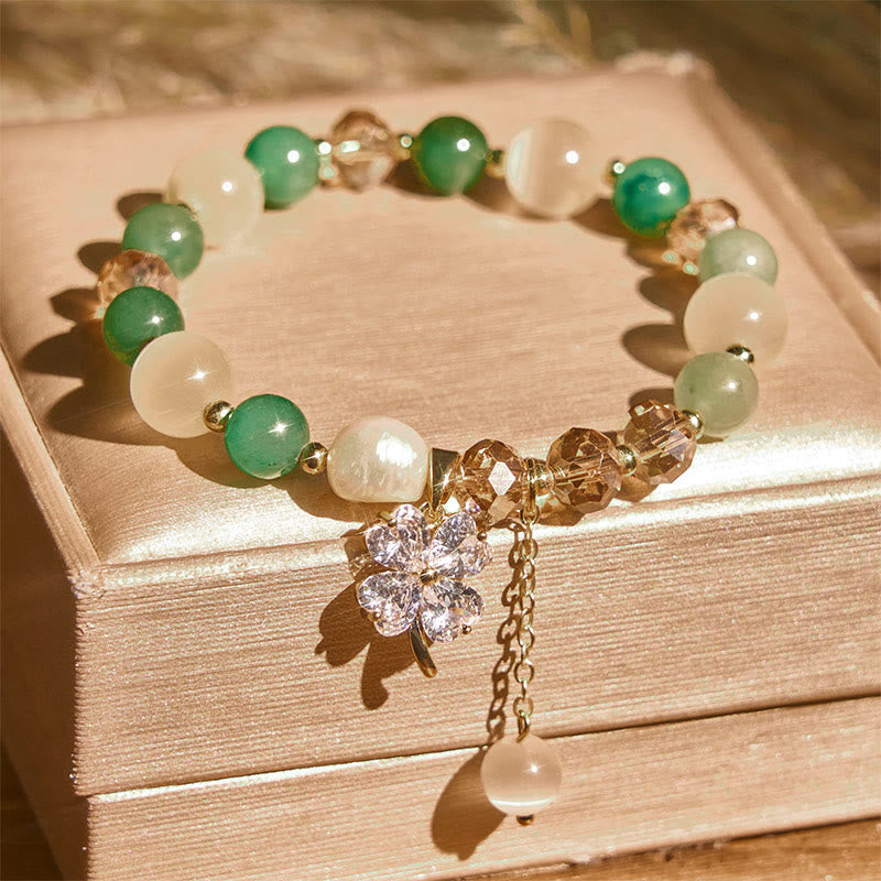 Buddha Stones Four Leaf Clover Amethyst Citrine Green Strawberry Quartz Rutilated Quartz Balance Bracelet