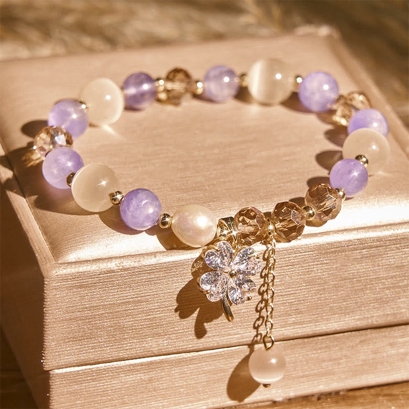 Buddha Stones Four Leaf Clover Amethyst Citrine Green Strawberry Quartz Rutilated Quartz Balance Bracelet