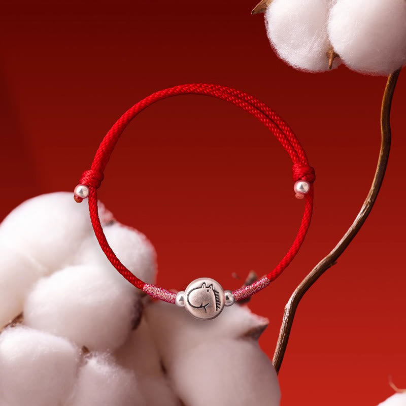 Buddha Stones Year of the Horse 999 Sterling Silver Red String Luck Bracelet