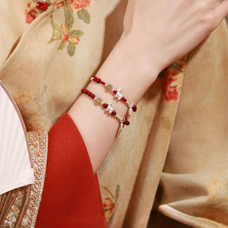Buddha Stones Year Of The Horse Cinnabar Hetian Jade 999 Sterling Silver Red String Concentration Bracelet