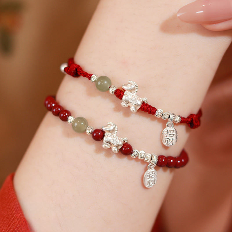 Buddha Stones Year Of The Horse Cinnabar Hetian Jade 999 Sterling Silver Red String Concentration Bracelet
