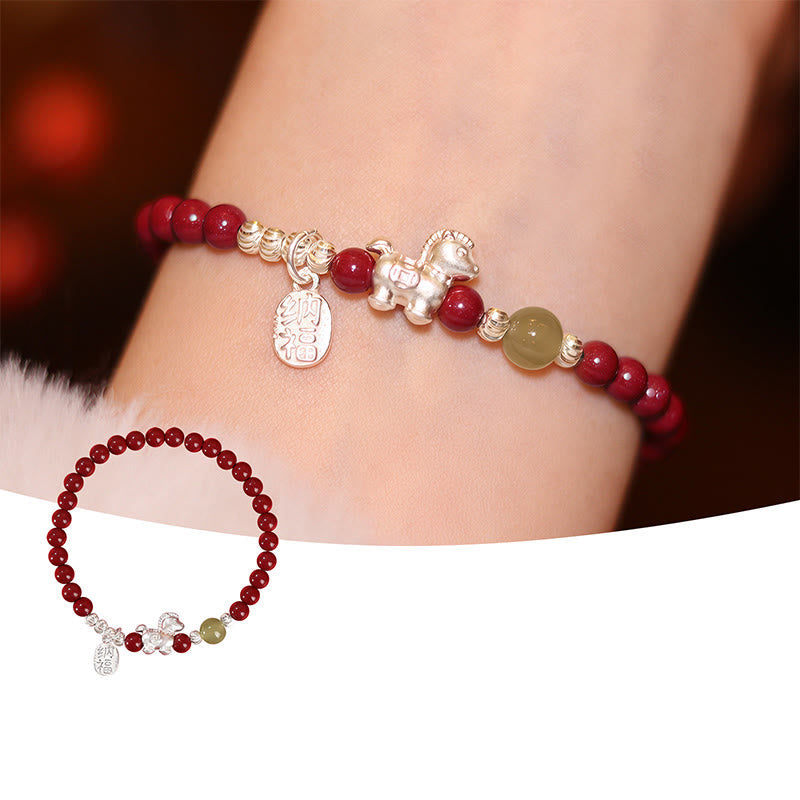 Buddha Stones Year Of The Horse Cinnabar Hetian Jade 999 Sterling Silver Red String Concentration Bracelet