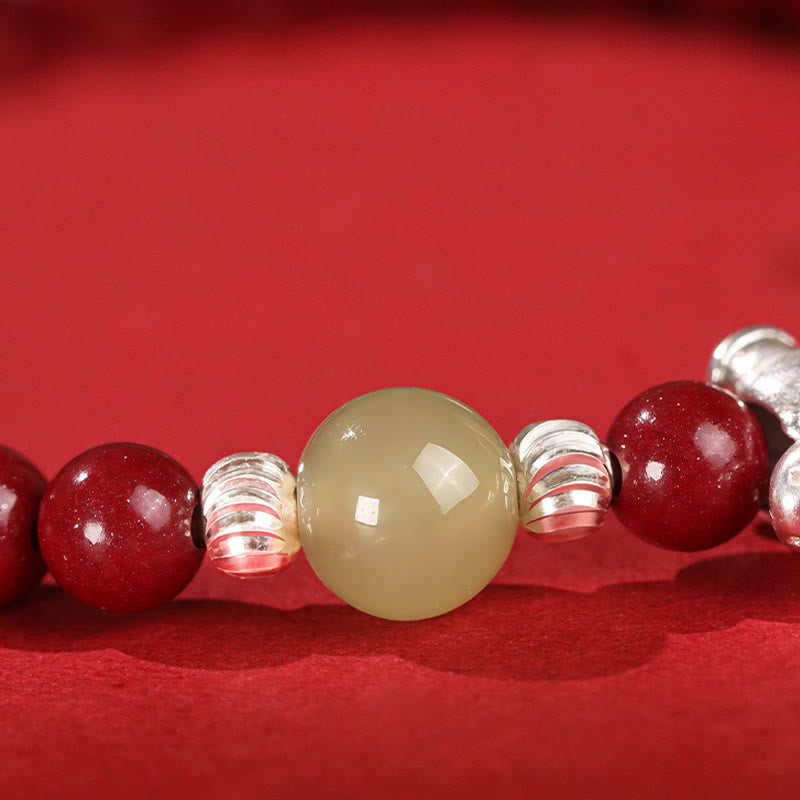 Buddha Stones Year Of The Horse Cinnabar Hetian Jade 999 Sterling Silver Red String Concentration Bracelet