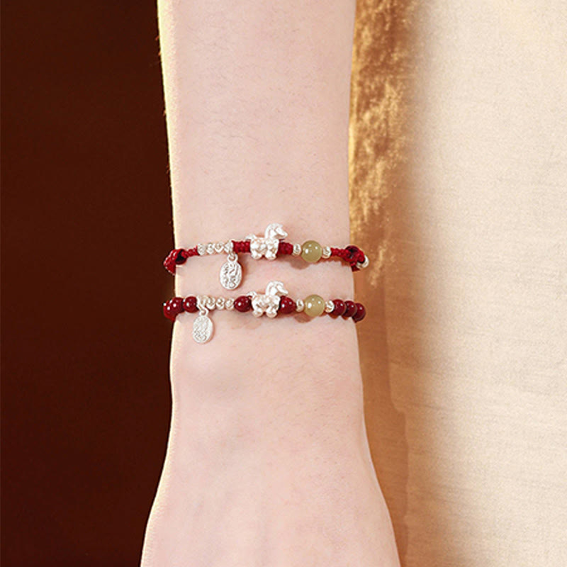 Buddha Stones Year Of The Horse Cinnabar Hetian Jade 999 Sterling Silver Red String Concentration Bracelet