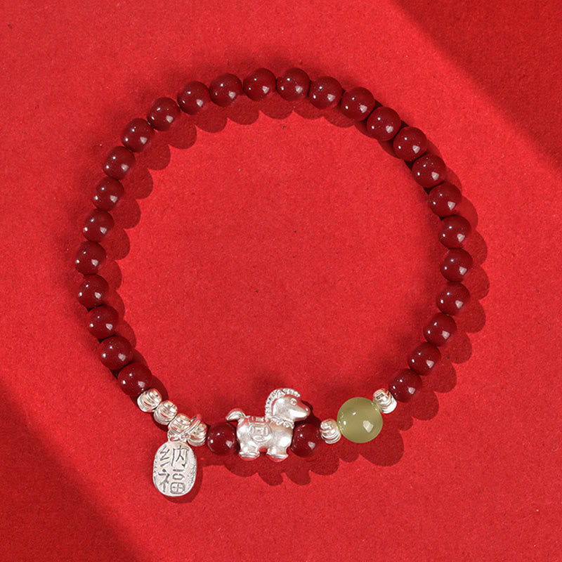 Buddha Stones Year Of The Horse Cinnabar Hetian Jade 999 Sterling Silver Red String Concentration Bracelet