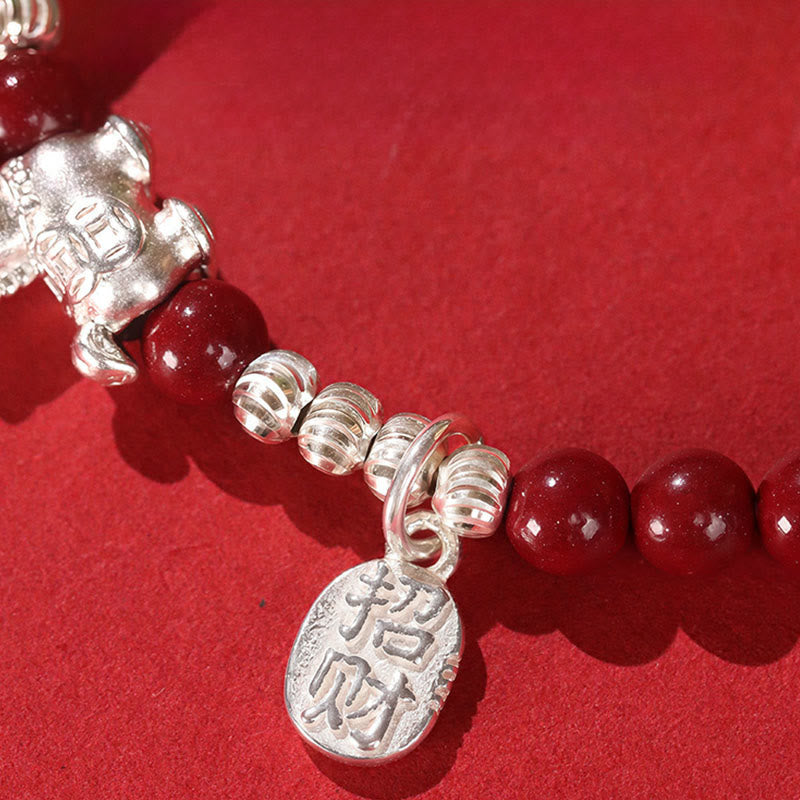 Buddha Stones Year Of The Horse Cinnabar Hetian Jade 999 Sterling Silver Red String Concentration Bracelet