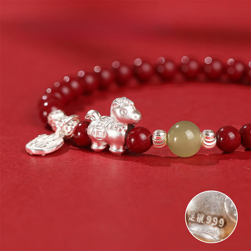 Buddha Stones Year Of The Horse Cinnabar Hetian Jade 999 Sterling Silver Red String Concentration Bracelet