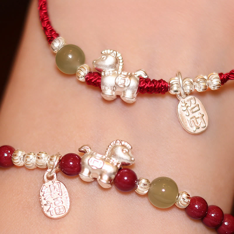 Buddha Stones Year Of The Horse Cinnabar Hetian Jade 999 Sterling Silver Red String Concentration Bracelet