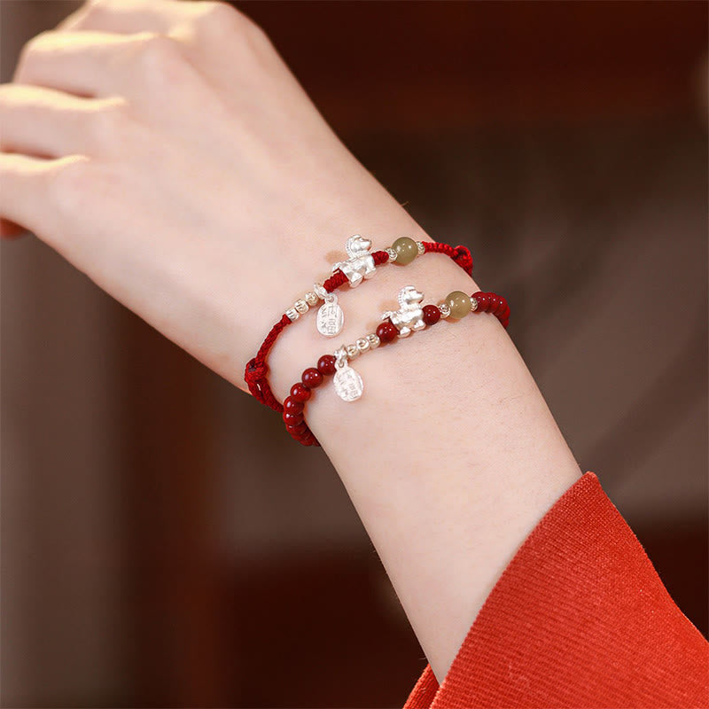 Buddha Stones Year Of The Horse Cinnabar Hetian Jade 999 Sterling Silver Red String Concentration Bracelet