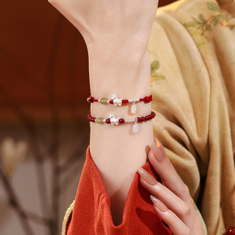 Buddha Stones Year Of The Horse Cinnabar Hetian Jade 999 Sterling Silver Red String Concentration Bracelet