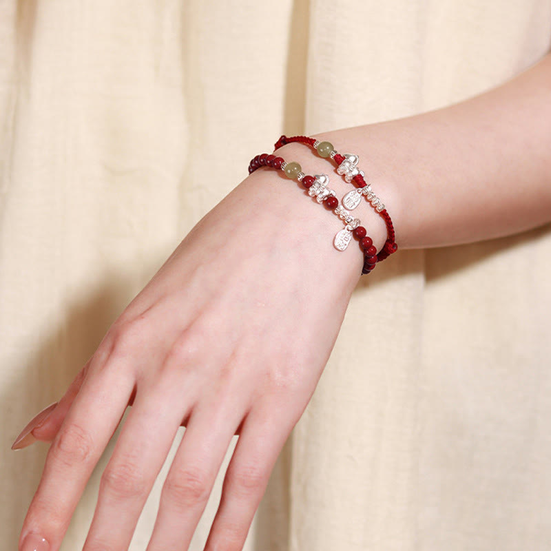Buddha Stones Year Of The Horse Cinnabar Hetian Jade 999 Sterling Silver Red String Concentration Bracelet
