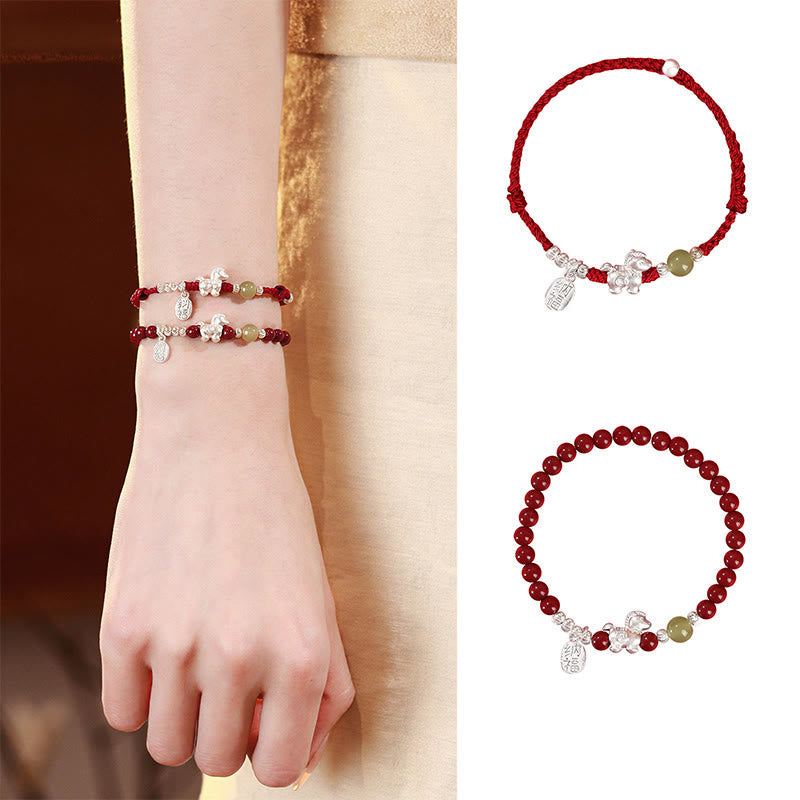Buddha Stones Year Of The Horse Cinnabar Hetian Jade 999 Sterling Silver Red String Concentration Bracelet