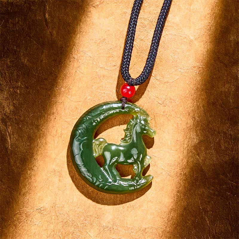 EverestArtstudios Chinese Zodiac Year Of The Horse Charm Carved Jade Luck Prosperity Necklace Pendants