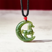 EverestArtstudios Chinese Zodiac Year Of The Horse Charm Carved Jade Luck Prosperity Necklace Pendants