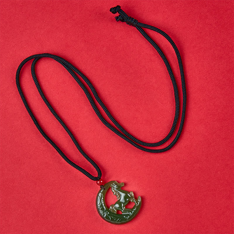 EverestArtstudios Chinese Zodiac Year Of The Horse Charm Carved Jade Luck Prosperity Necklace Pendants