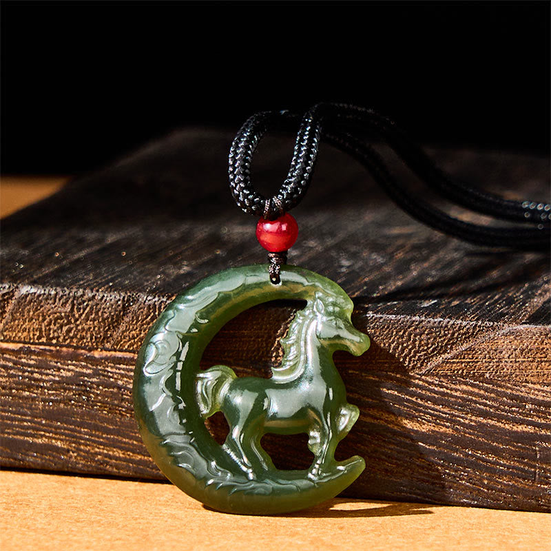EverestArtstudios Chinese Zodiac Year Of The Horse Charm Carved Jade Luck Prosperity Necklace Pendants