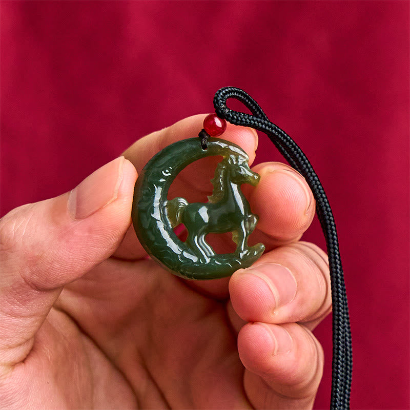 EverestArtstudios Chinese Zodiac Year Of The Horse Charm Carved Jade Luck Prosperity Necklace Pendants