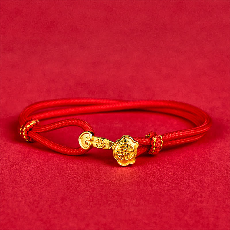 Buddha Stones Ruyi Handle Fu Character Copper Plated Gold Rope Adjustable Luck Bracelet