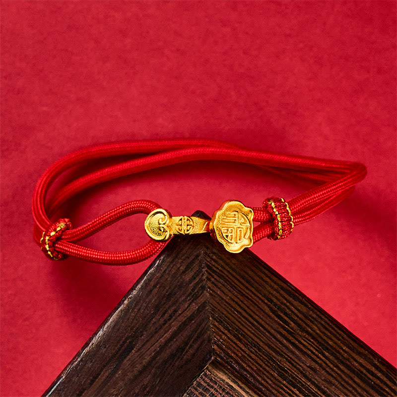 Buddha Stones Ruyi Handle Fu Character Copper Plated Gold Rope Adjustable Luck Bracelet