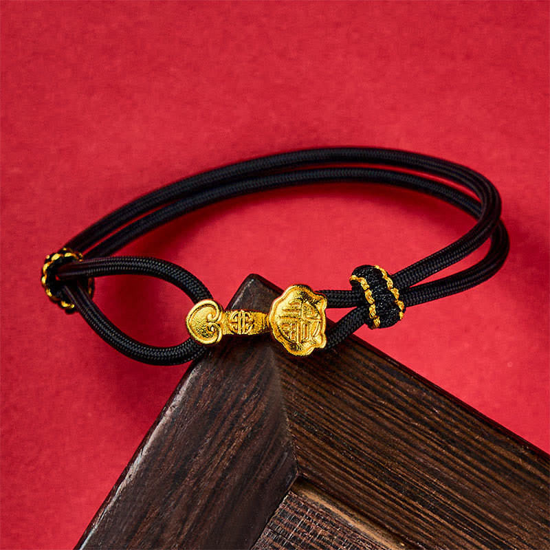 Buddha Stones Ruyi Handle Fu Character Copper Plated Gold Rope Adjustable Luck Bracelet