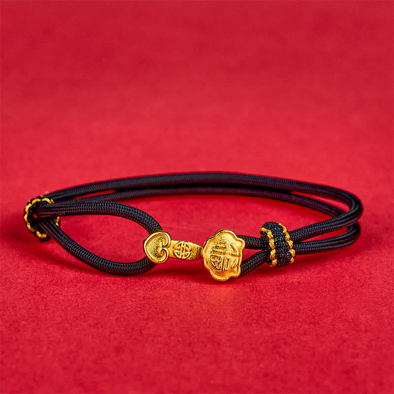 Buddha Stones Ruyi Handle Fu Character Copper Plated Gold Rope Adjustable Luck Bracelet