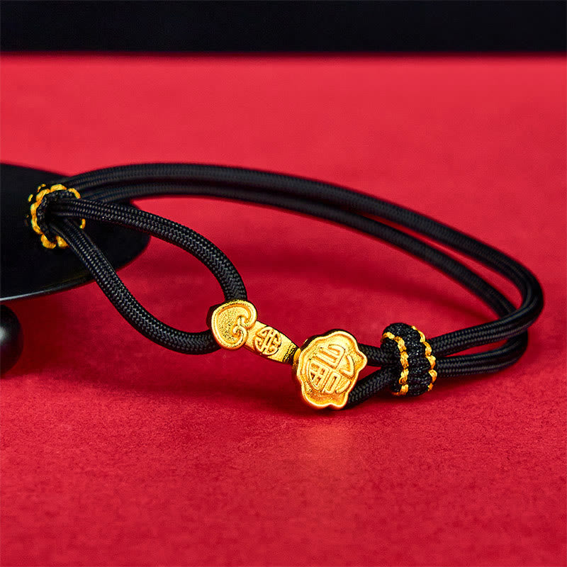 Buddha Stones Ruyi Handle Fu Character Copper Plated Gold Rope Adjustable Luck Bracelet