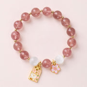 Buddha Stones Lucky Cat Peach Blossoms Charm Strawberry Quartz White Cat's Eye Healing Bracelet