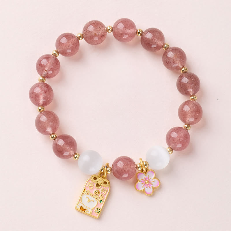 Buddha Stones Lucky Cat Peach Blossoms Charm Strawberry Quartz White Cat's Eye Healing Bracelet