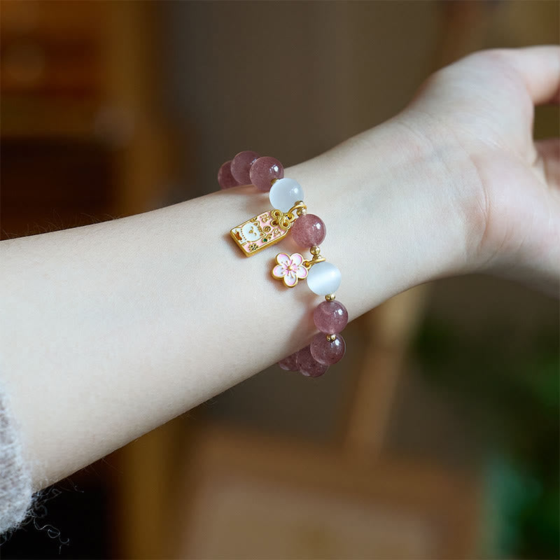 Buddha Stones Lucky Cat Peach Blossoms Charm Strawberry Quartz White Cat's Eye Healing Bracelet