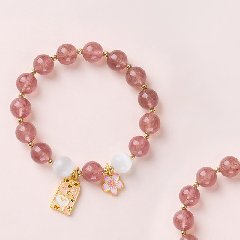 Buddha Stones Lucky Cat Peach Blossoms Charm Strawberry Quartz White Cat's Eye Healing Bracelet